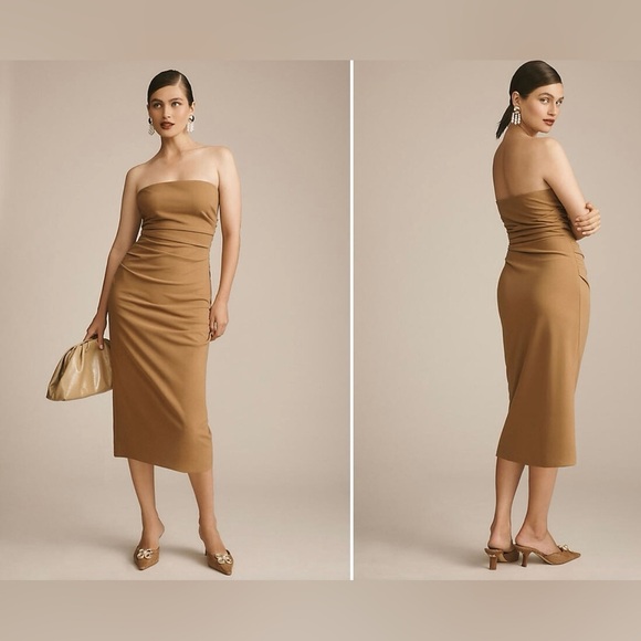 BHLDN Hayden Strapless Stretch Crepe Midi Dress Tan - Picture 2 of 11